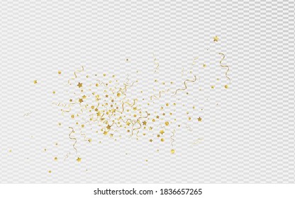 Gold Spiral Celebration Vector Transparent Background. Celebrate Star Poster. Confetti Falling Illustration. Golden Party Plant.