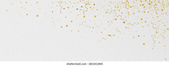 Gold Spiral Christmas Vector Panoramic Transparent Background. Anniversary Streamer Invitation. Confetti Party Plant. Yellow Fun Design.