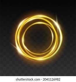 Gold spiral circle on transparent backdrop. Glowing ring with yellow backlight. Round golden frame with bright glitter. Luxury element for advertising. Realistic vector illustration
