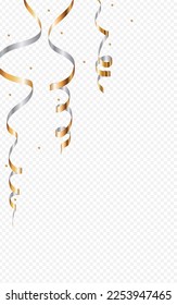 Gold Spiral Falling Vector Transparent Background. Carnival Serpentine Branch. Star Paper Plant. Chic Christmas Poster.