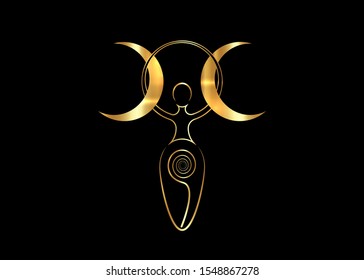 gold spiral goddess of fertility and triple moon Wiccan. The spiral cycle of life, death and rebirth. Golden Woman Wicca mother earth symbol of sexual procreation, vector isolated on black background 