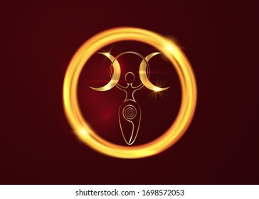 Gold Spiral Goddess Of Fertility And Triple Moon Wiccan. The Spiral Cycle Of Life, Death And Rebirth. Golden Woman Wicca Mother Earth Symbol Of Sexual Procreation In Golden Round Frame Neon Sign