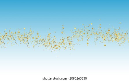 Fondo azul del vector de papel espiral dorado. Diseño de Confetti Volador. Invitación brillante de estrella. Planta De Natación Amarilla.