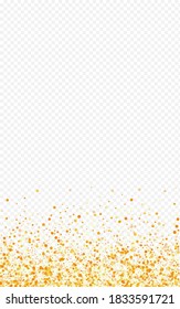 Gold Splash Bright Transparent Background. Falling Dot Texture. Yellow Sequin Christmas Banner. Glow Festive Pattern.