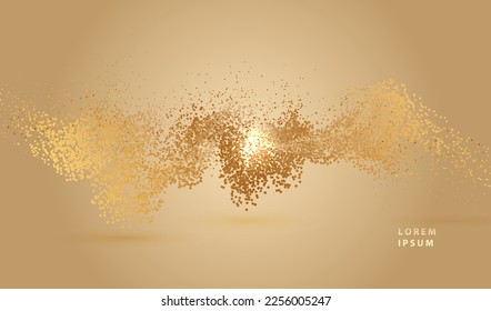 Gold splash dust dots glowing abstract background. Golden splashing powder or paint shapes design. Modern light celebration glitter glow vector.