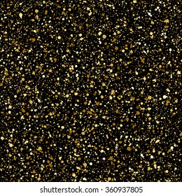 Gold splash or glittering spangles seamless pattern. Hand drawn gold glitter texture. Golden blobs or uneven spots on black background endless template. Festive, birthday, party splatter background.