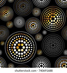 Gold splash or glittering spangles seamless pattern. glitter texture. Golden blobs or uneven spots on black background endless template. Festive, birthday, party splatter background. art