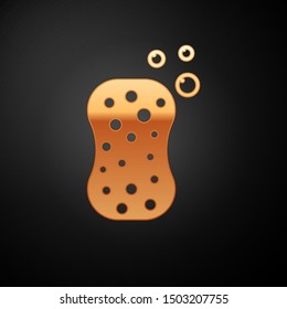 Gold Sponge with bubbles icon isolated on black background. Wisp of bast for washing dishes. Cleaning service logo.  Vector Illustration