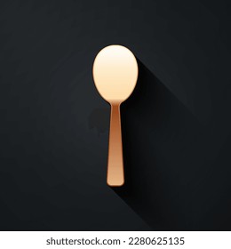 Gold Spoon icon isolated on black background. Cooking utensil. Cutlery sign. Long shadow style. Vector