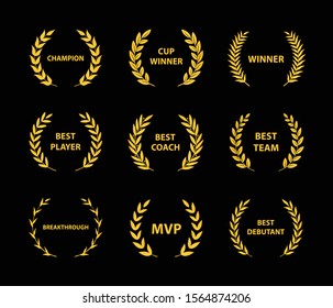 Gold sport awards and best nominee award wreaths on black background. Vector illustration.