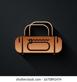 Gold Sport bag icon isolated on black background. Long shadow style. Vector Illustration