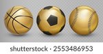 Gold sports balls icon  set. Golden basketball, baseball and soccer ball. Symbol of victory or a championship award. Vector EPS 10