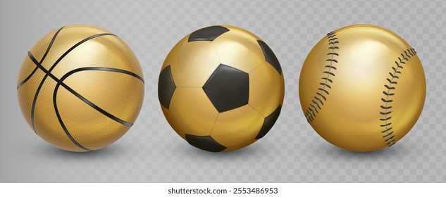 Gold sports balls icon  set. Golden basketball, baseball and soccer ball. Symbol of victory or a championship award. Vector EPS 10