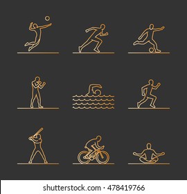 Gold sports icons. Vector line silhouettes of sportsmen. Volleyball, run, soccer and boxing. Linear swim, baseball, cycling and yoga. Open path.