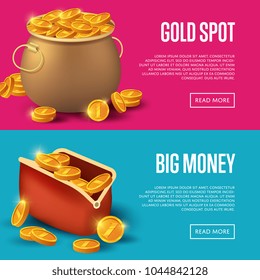 Gold spot and big money posters. Golden coins in old bronze pot and purse. Big profit and save money banner, money making concept, bank deposit, financial success vector illustration in cartoon style.