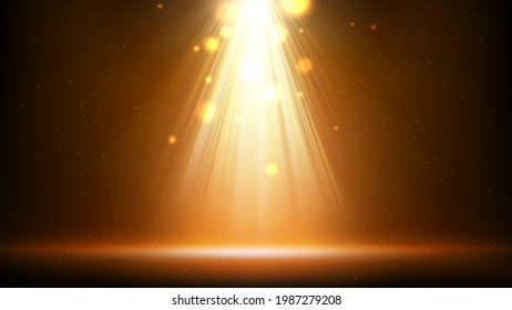 Gold spotlight background. Illuminated golden stage. Background for displaying products. Bright beams of spotlights, shimmering glittering particles, a spot of light. Vector illustration