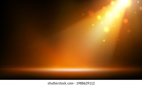 Gold spotlight background. Illuminated golden stage. Background for displaying products. Bright beams of spotlights, shimmering glittering particles, a spot of light. Vector illustration