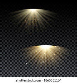 Gold spotlight. Bright lighting with spotlights of the stage on transparent background