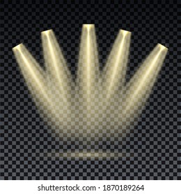 Gold spotlight. Bright lighting with spotlights of the stage on transparent background
