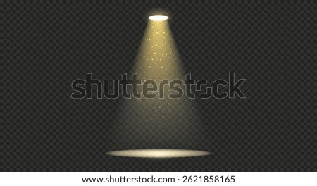 Gold spotlight with glow dust, light source with reflection on the floor on transparent background. Realistic yellow spotlight in abstract dark studio, room or theater scene, or concert.
