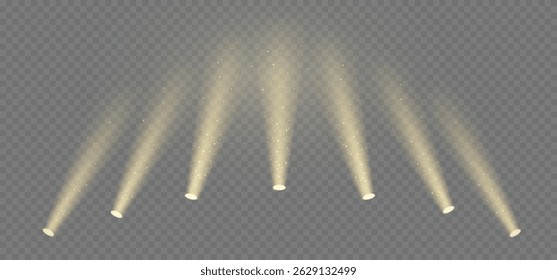 Fontes de luz de spot dourada com poeira brilhante, efeito de luz de concerto, lanterna de ouro definido em fundo transparente. Efeito de destaque de volume 3D em fundo escuro. Cena de teatro vazia. Ilustração realista.