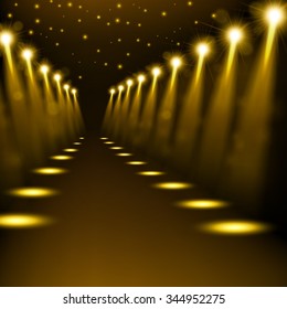 Gold spotlights shining in perspective view background