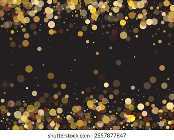 Gold spray dot on black background. Gold circle, round frame.  Shiny Holiday Light Effect. Vector Illustration.