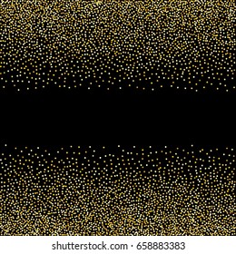Gold spray dot on black background. Gold circle, round frame. Shiny background. For banners, card, postcards, holiday. Golden ball. Vector illustration, EPS10. Square background.