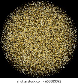 Gold spray dot on black background. Gold circle, round frame. Shiny background. For banners, card, postcards, holiday. Golden ball. Vector illustration, EPS10. Square background.