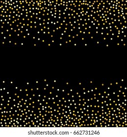 Gold spray dot on black background. Square frame. Shiny background. For banners, card, postcards, holiday. Vector illustration, EPS10.