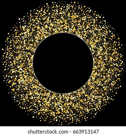 Gold spray dot on black background. Gold circle, round frame. Shiny background. For banners, card, postcards, holiday. Golden ball. Vector illustration, EPS10.