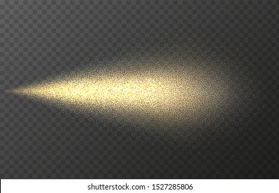 Gold spray paint with glitter particles isolated on transparent background. Golden fashion shimmer spray vector effect. Luxury scent template.