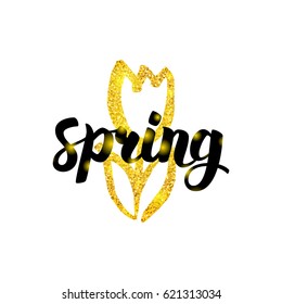 Gold Spring Tulip Greeting. Vector Illustration of Nature Flower Postcard with Lettering.