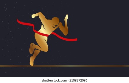 Gold Sprinter and finish tape. Golden vector winner silhouette of a running man and he finishes the race.