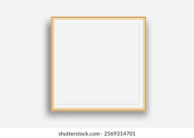 Gold square blank plastic or metallic frame photo mockup. Empty  wall photo framing template isolated on background. Vector mockup for presentation painting, poster, photographs or art gallery
