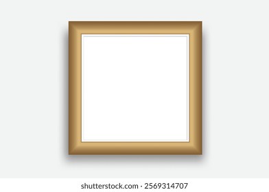 Gold square blank plastic or metallic frame photo mockup. Empty  wall photo framing template isolated on background. Vector mockup for presentation painting, poster, photographs or art gallery
