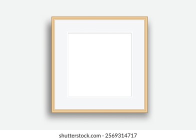Gold square blank plastic or metallic frame photo mockup. Empty  wall photo framing template isolated on background. Vector mockup for presentation painting, poster, photographs or art gallery
