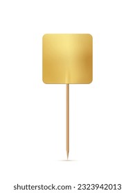 Gold square flag on wooden toothpick. Golden foil or paper topper for cake or other food isolated on white background. Blank mockup for advertising and promotions, location mark, map pointer.