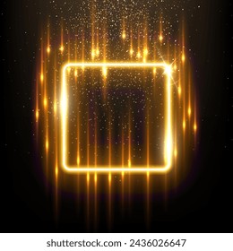 Gold square with flash rays and sparks vector illustration. Realistic 3D shiny golden frame with edges and fiery flare, precious jewelry and abstract star dust glow on black background.