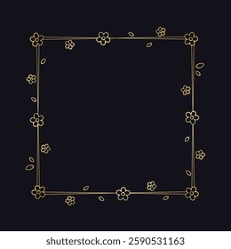 Gold Square Floral Frame Outline Doodle. Golden spring border template, flourish design element for wedding, greeting card.