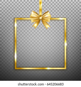 Gold Square Frame With Bow Isolated On Transparent Background. Vector Illustration.