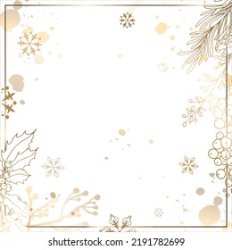 Gold square frame with branches of berries and flowers with snowflakes. White background and place for text. Vector