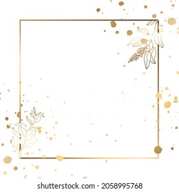 Gold square frame with branches and flowers. White background. Vector illustration.