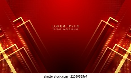 Gold square frame element with diagonal lines, glitter light effect and bokeh decoration. Luxury style design background. Vector illustration