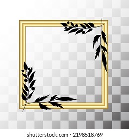 Marco cuadrado dorado con flores y ramas para la imagen aislada en fondo transparente. Espacio en blanco para imágenes, pintura, tarjeta o foto. 3.ª ilustración de vector de plantilla de círculo moderno realista