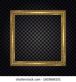 Gold square frame with glowing glitter effect. Isolated design element on transparent background with light shine, golden border for photo or poster. Vector illustration