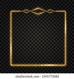 Gold square frame. Golden glow glittering effect, neon shine, light particles and star dust. Design element, border. Isolated on dark transparent background. Vector illustration