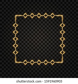 Gold square frame. Golden glow glittering effect, neon shine, light particles and star dust. Design element, border. Isolated on dark transparent background. Vector illustration