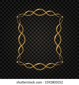 Gold square frame. Golden glow glittering effect, neon shine, light particles and star dust. Design element, border. Isolated on dark transparent background. Vector illustration
