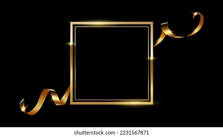 Gold square frame with golden silk ribbon vector illustration. Realistic 3d vintage luxury banner for memorial awards ceremony, elegant frame invitation on black background.